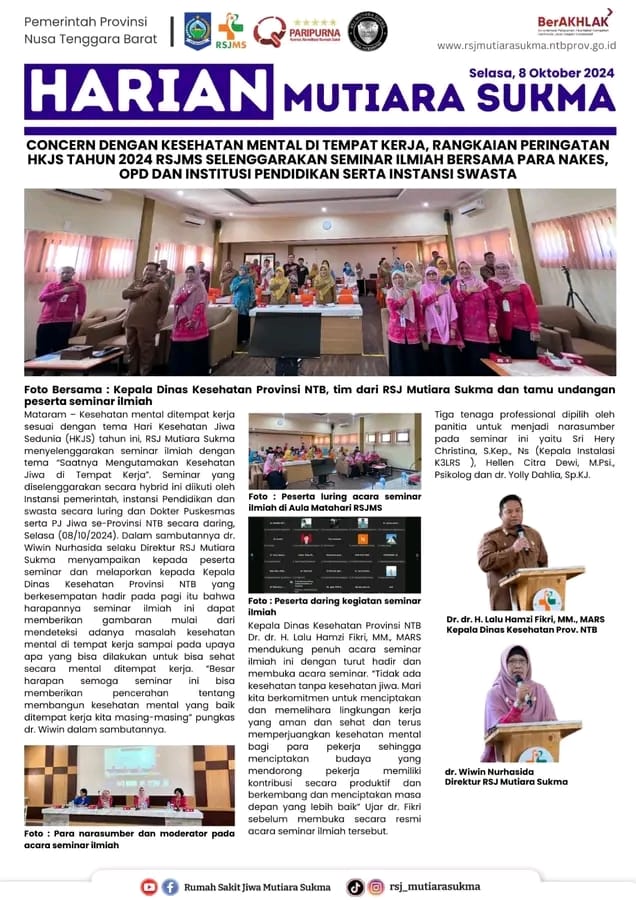 CONCERN DENGAN KESEHATAN MENTAL  DI TEMPAT KERJA , RANGKAIAN PERINGATAN HKJS TAHUN 2024 RSJMS SELENGGARAKAN SEMINAR ILMIAH BERSAMA PARA NAKES, OPD DAN INSTITUSI PENDIDIKAN SERTA INSTANSI SWASTA